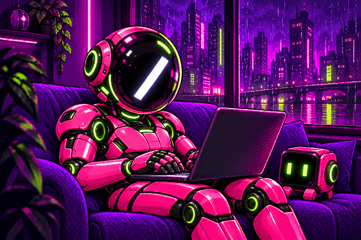 Pink Slash robot coding on a purple couch with lime neon accents